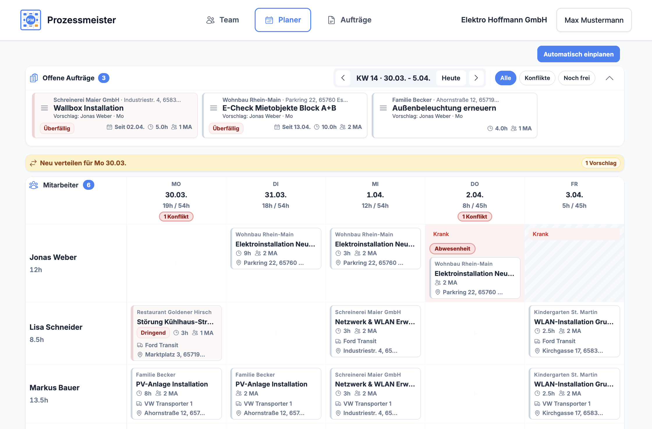 Prozessmeister Planer – Tagesplanung mit Team und Fahrzeugen auf prozessmeister.de